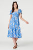 Blue | Leaf Print Smocked Midi Dress