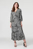 Black | Printed 3/4 Sleeve Midi Wrap Dress