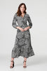 Black | Printed 3/4 Sleeve Midi Wrap Dress : Model is 5'9