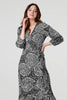 Black | Printed 3/4 Sleeve Midi Wrap Dress