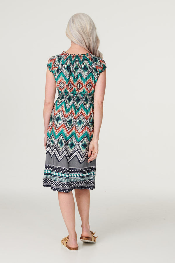 Green | Aztec Print Smocked Detail Dress