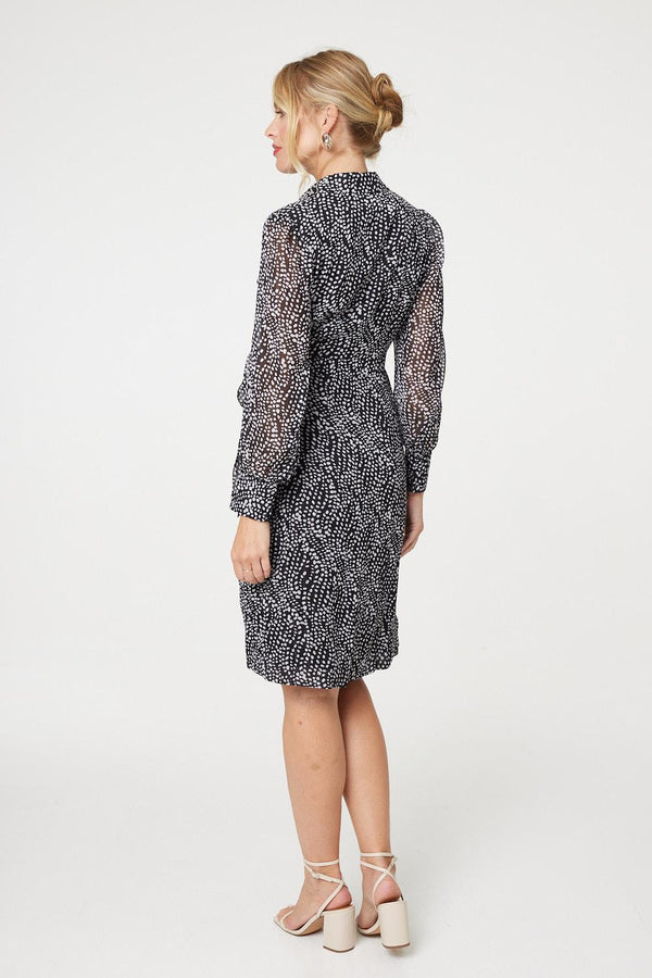 Black | Printed Long Sleeve Wrap Front Short Dress
