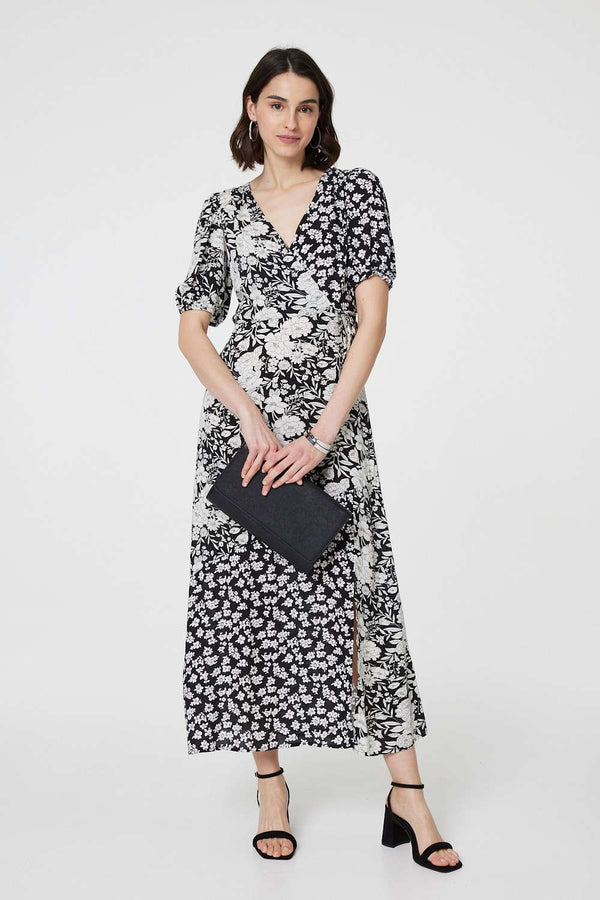 Black And White | Floral 1/2 Sleeve Midi Wrap Dress