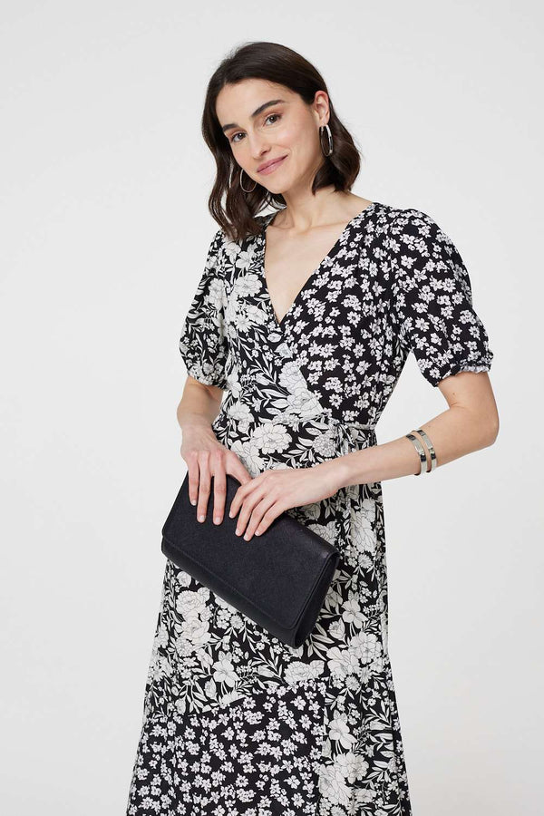 Black And White | Floral 1/2 Sleeve Midi Wrap Dress