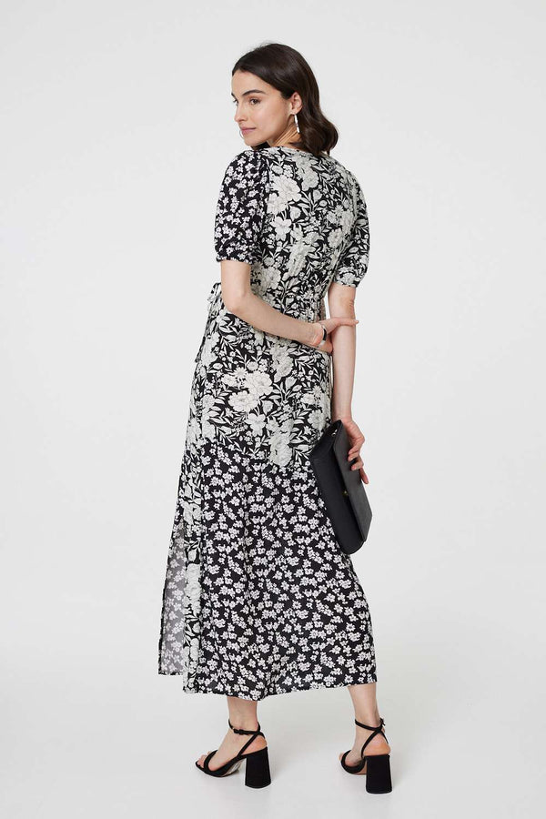 Black And White | Floral 1/2 Sleeve Midi Wrap Dress