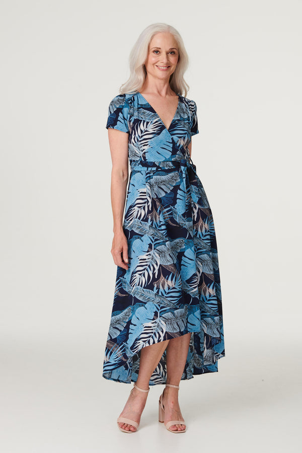 Blue | Leaf Print High Low Maxi Dress