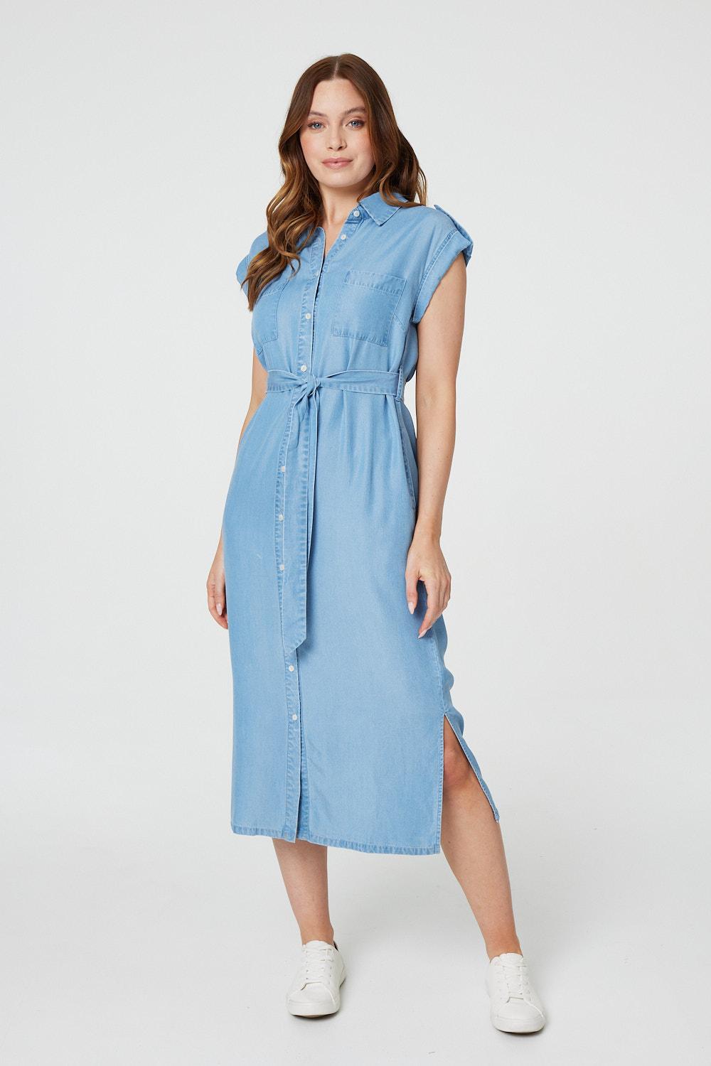 Denim Side Split Midi Shirt Dress | Izabel London