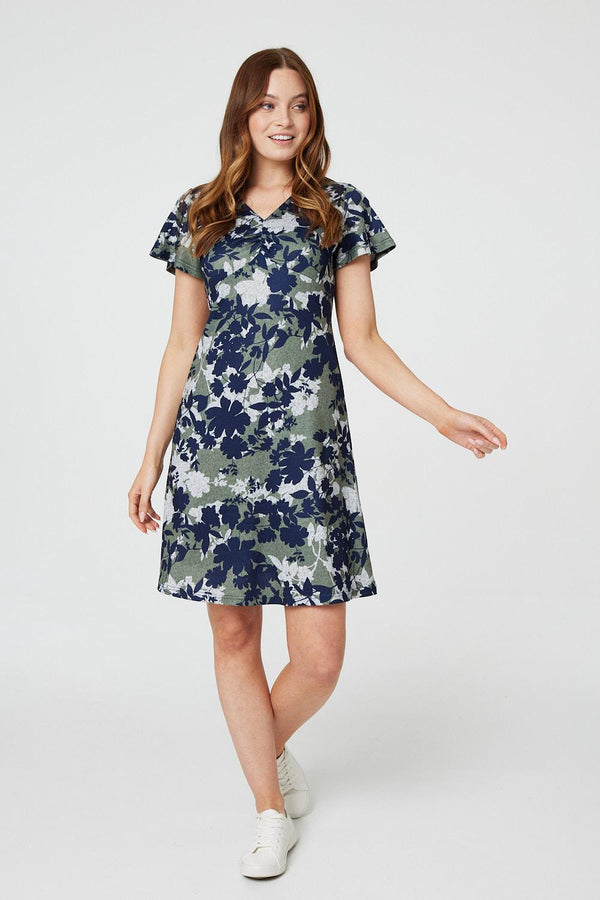 Green | Leaf Print Short Skater Dress