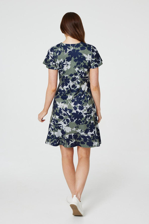 Green | Leaf Print Short Skater Dress