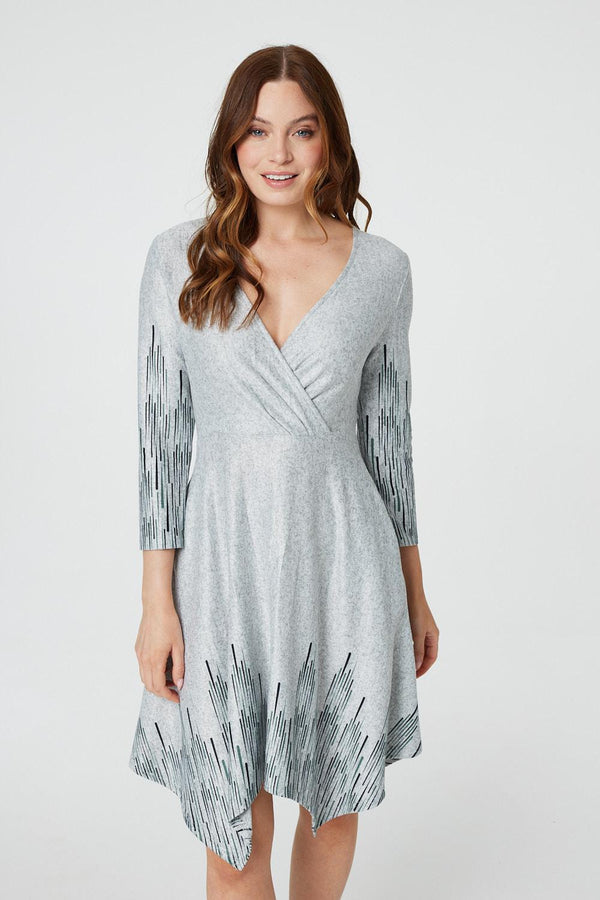 Grey | Printed Hanky Hem Wrap Dress