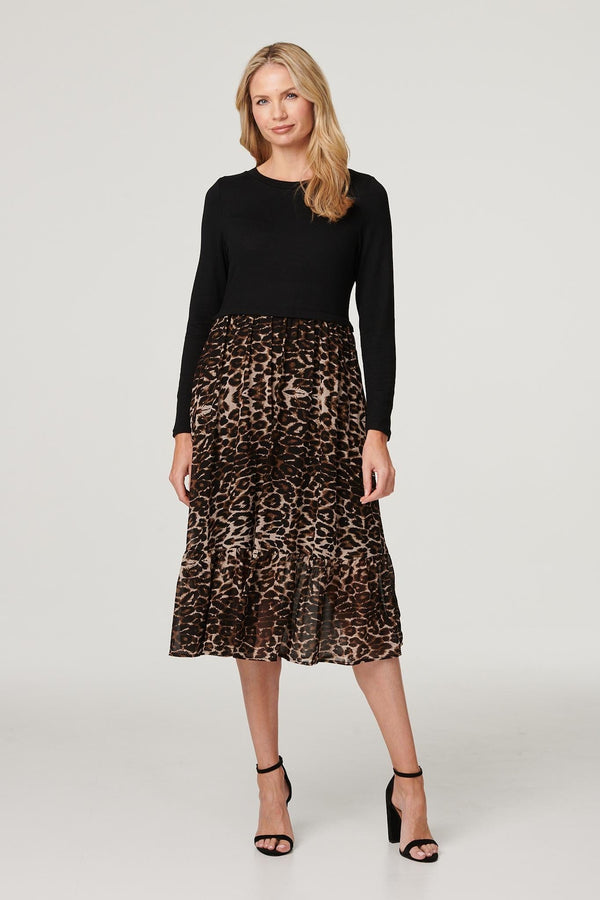 Black | Leopard Print Tiered Midi Dress