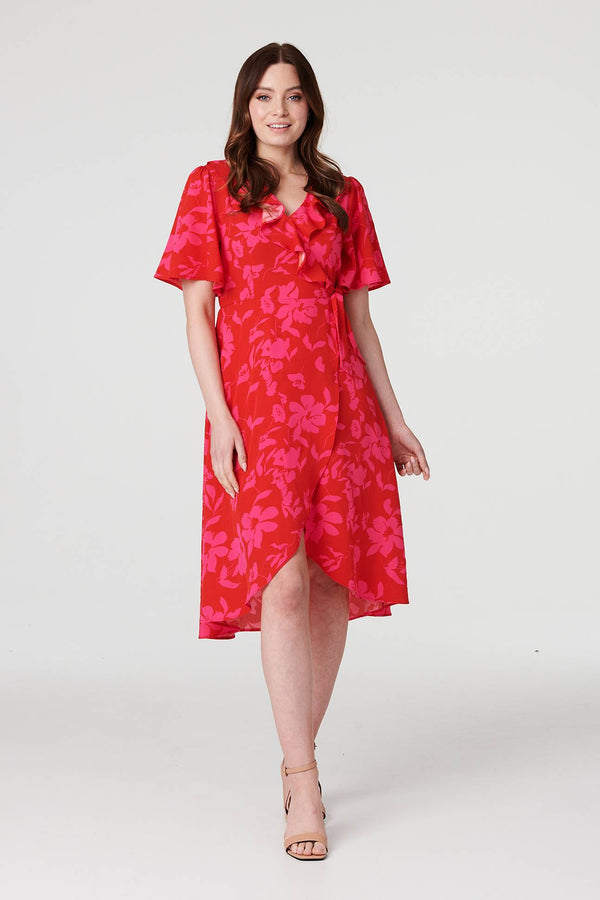 Red | Floral 1/2 Flare Sleeve Wrap Dress