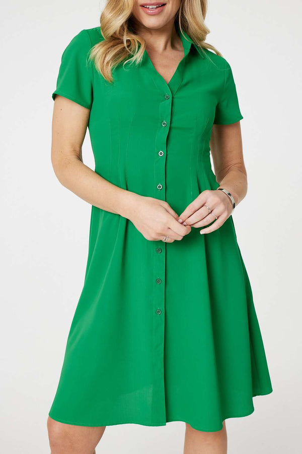 Green | Short Sleeve Knee Length Shirt Dress