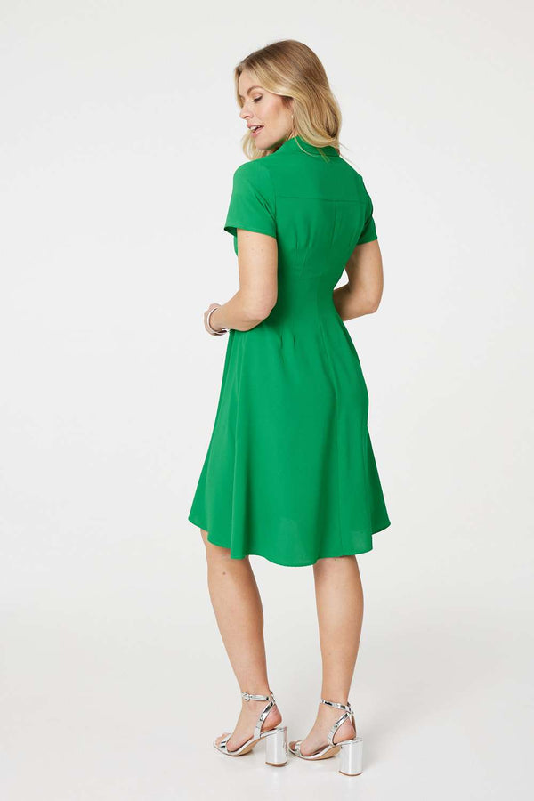 Green | Short Sleeve Knee Length Shirt Dress