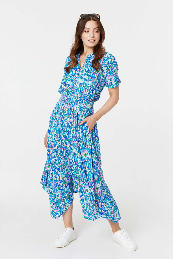 Blue | Printed Asymmetric Midi Dress : Model is 5'9"/175 cm and wears UK8/EU36/US4/AUS8