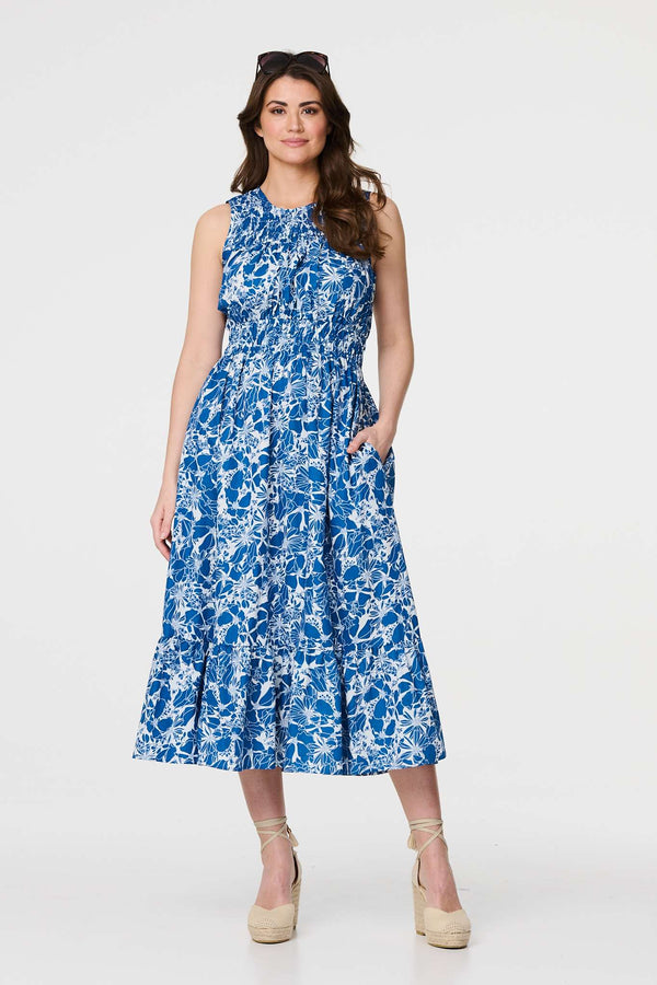 Navy | Floral High Neck Shirred Midi Dress : Model is 5'9"/175 cm and wears UK10/EU38/US6/AUS10