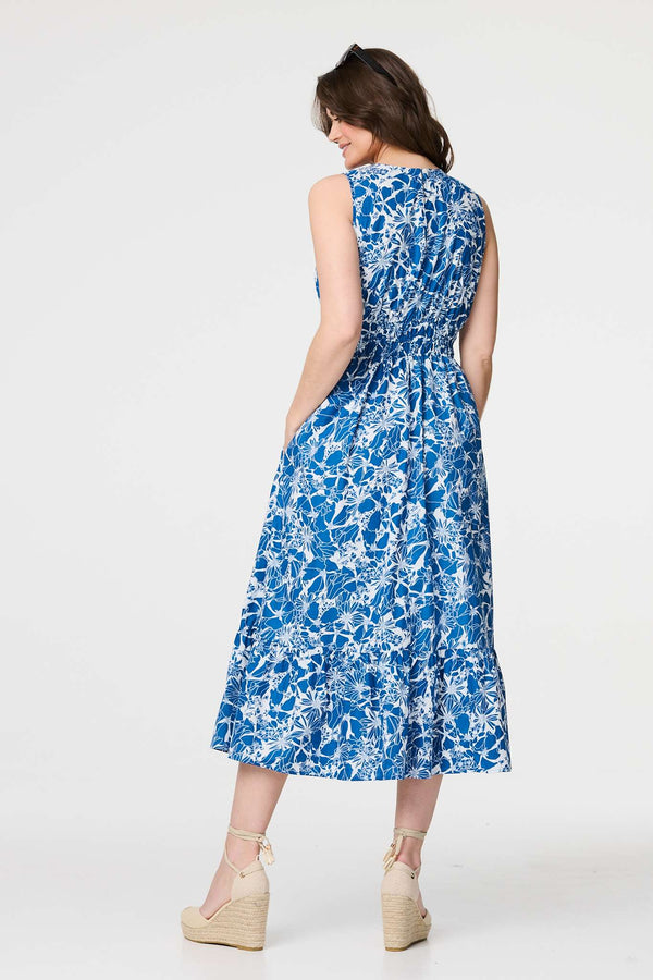 Navy | Floral High Neck Shirred Midi Dress