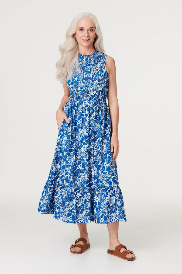 Navy | Floral High Neck Shirred Midi Dress : Model is 5'8.5"/174 cm and wears UK8/EU36/US4/AUS8