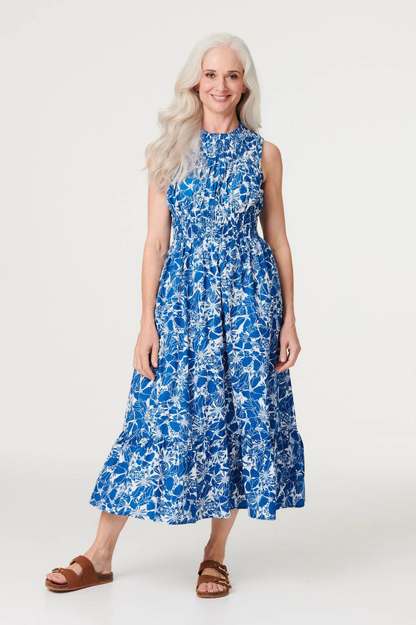 Navy | Floral High Neck Shirred Midi Dress : Model is 5'8.5"/174 cm and wears UK8/EU36/US4/AUS8