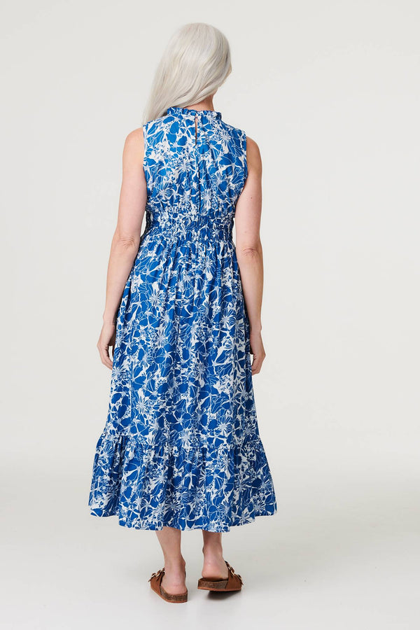 Navy | Floral High Neck Shirred Midi Dress