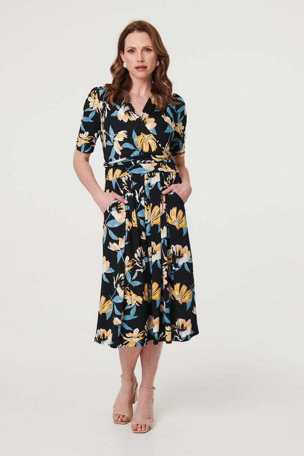 Black | Floral Short Sleeve Faux Wrap Midi Dress : Model is 5'9"/175 cm and wears UK10/EU38/US6/AUS10