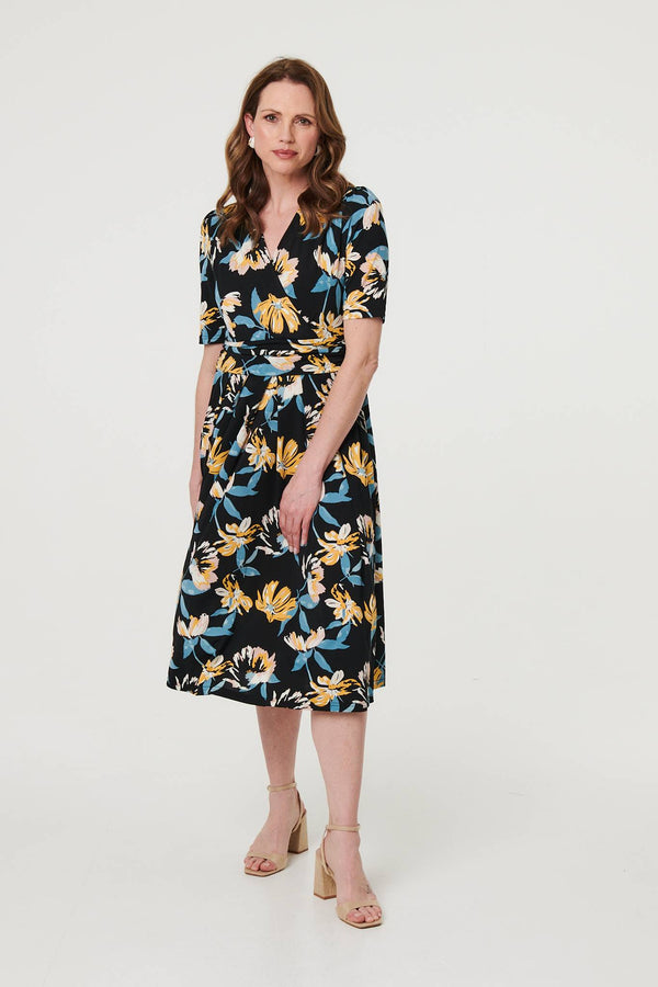 Black | Floral Short Sleeve Faux Wrap Midi Dress