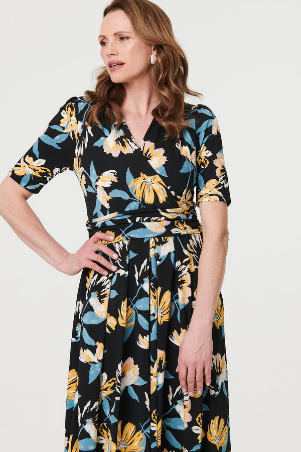 Black | Floral Short Sleeve Faux Wrap Midi Dress 