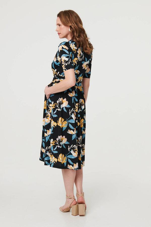 Black | Floral Short Sleeve Faux Wrap Midi Dress 