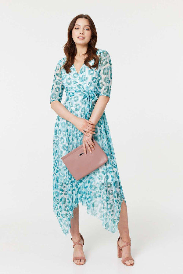 Teal | Animal Print Sheer Tie Waist Midi Dress