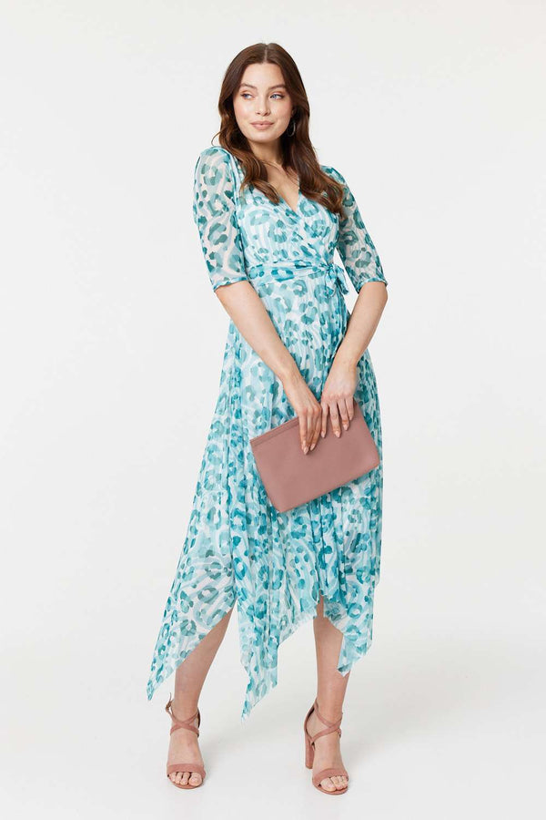 Teal | Animal Print Sheer Tie Waist Midi Dress