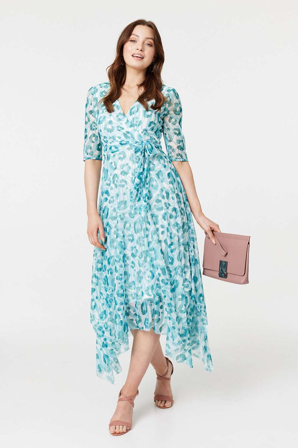 Teal | Animal Print Sheer Tie Waist Midi Dress