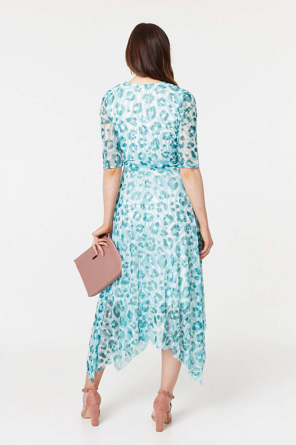 Teal | Animal Print Sheer Tie Waist Midi Dress