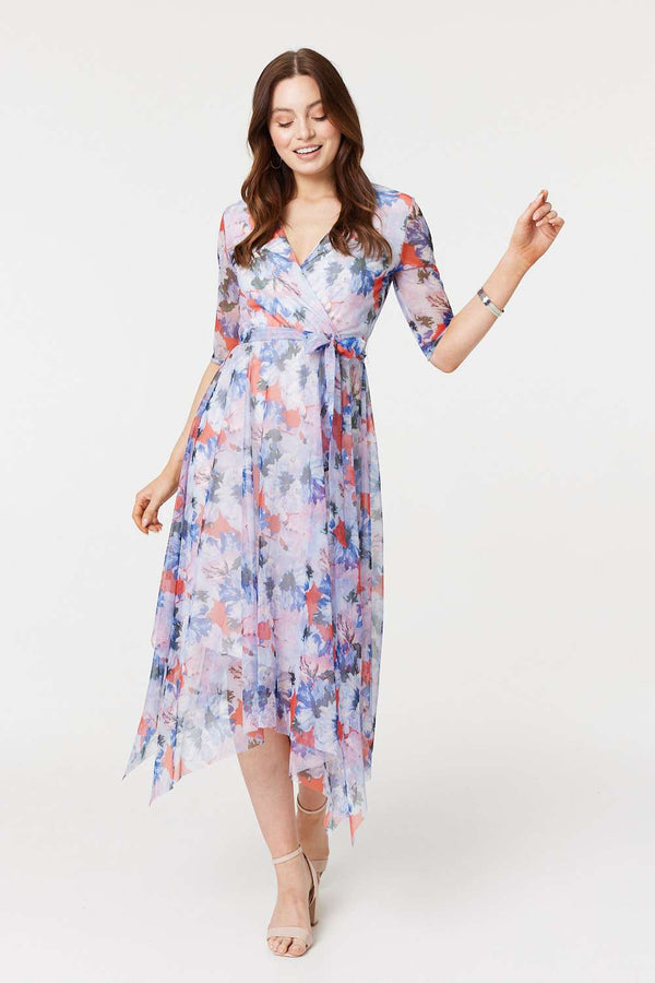 Blue | Floral Semi Sheer Layered Midi Dress