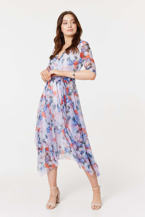 Blue | Floral Semi Sheer Layered Midi Dress