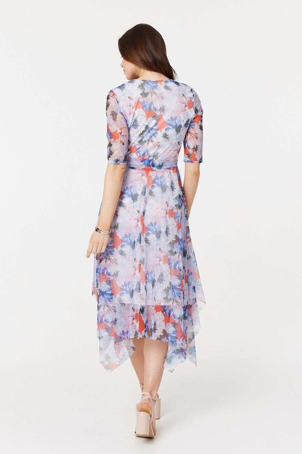 Blue | Floral Semi Sheer Layered Midi Dress