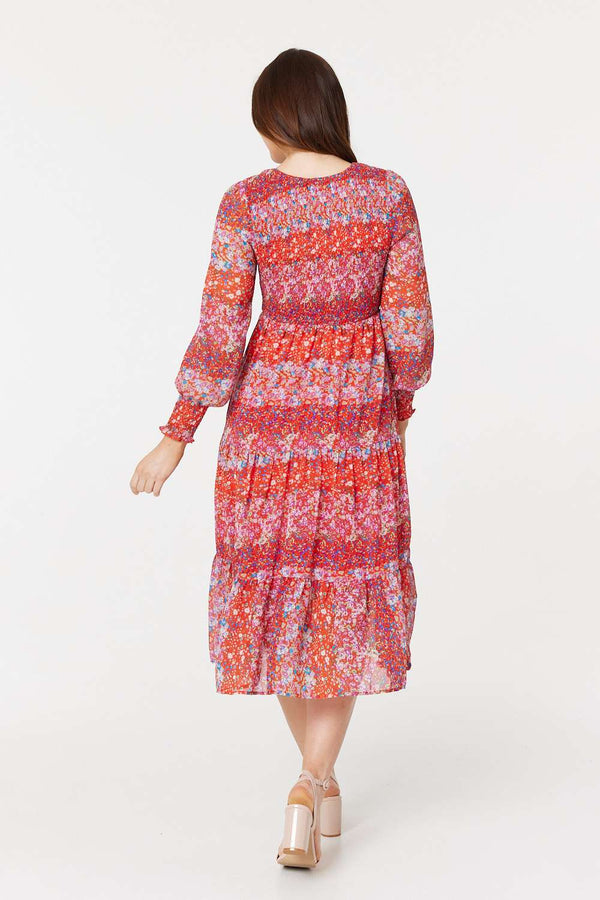 Red | Floral Long Puff Sleeve Smock Dress