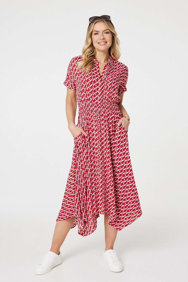 Red | Geo Print Hanky Hem Midi Dress : Model is 5'10"/178 cm and wears UK8/EU36/US4/AUS8