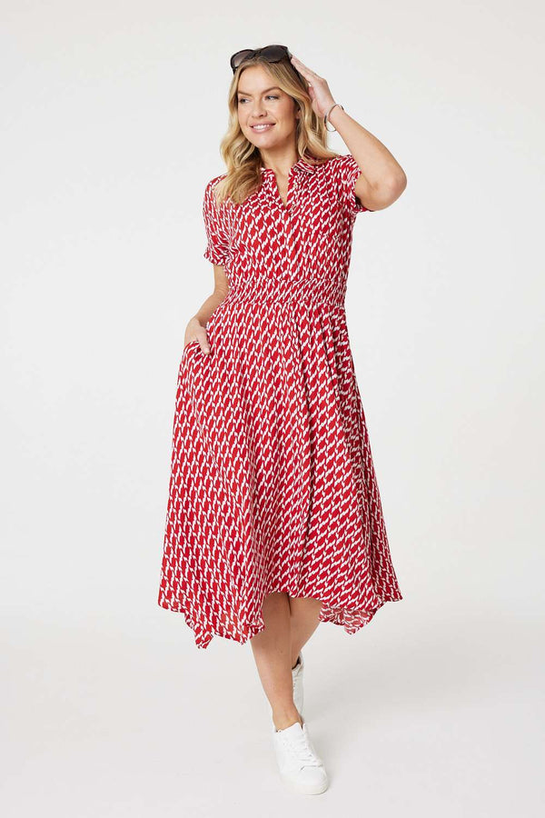 Red | Geo Print Hanky Hem Midi Dress