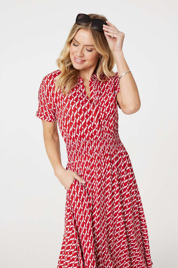 Red | Geo Print Hanky Hem Midi Dress