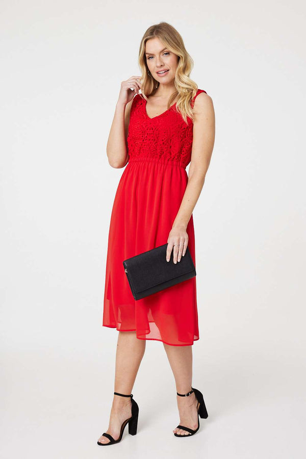 Red | Crochet Detail Sleeveless Midi Dress