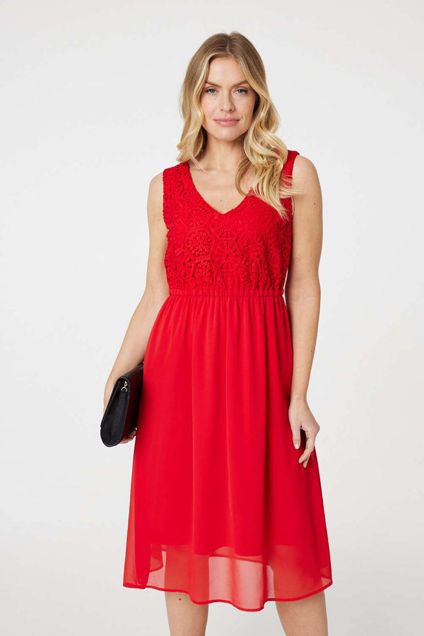 Red | Crochet Detail Sleeveless Midi Dress