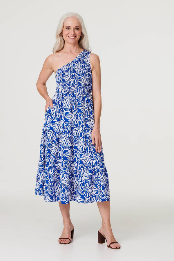 Blue | Printed Asymmetric Midi Sun Dress