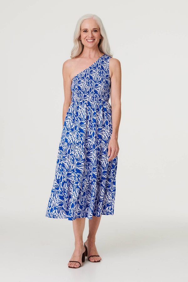 Blue | Printed Asymmetric Midi Sun Dress : Model is 5'8.5"/174 cm and wears UK8/EU36/US4/AUS8