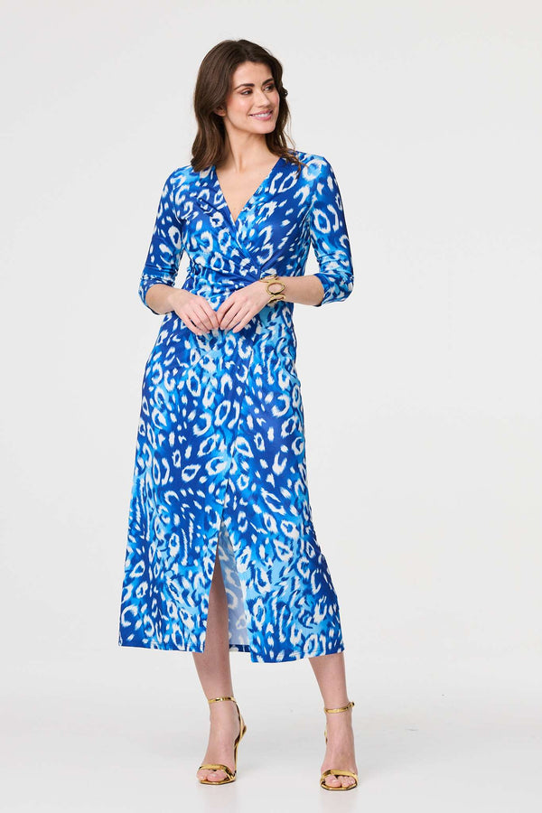 Blue | Animal Print 3/4 Sleeve Midi Wrap Dress : Model is 5'9"/175 cm and wears UK10/EU38/US6/AUS10