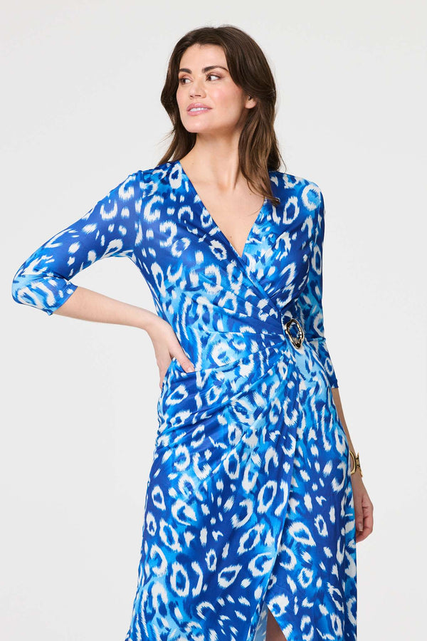 Blue | Animal Print 3/4 Sleeve Midi Wrap Dress