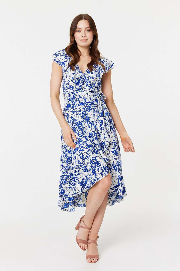 Blue | Printed Tie Waist Midi Wrap Dress