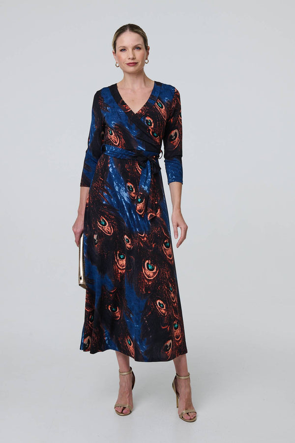 Blue | Peacock Print 3/4 Sleeve Wrap Maxi Dress
