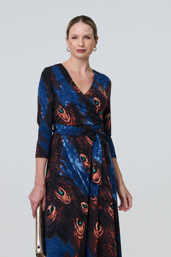 Blue | Peacock Print 3/4 Sleeve Wrap Maxi Dress
