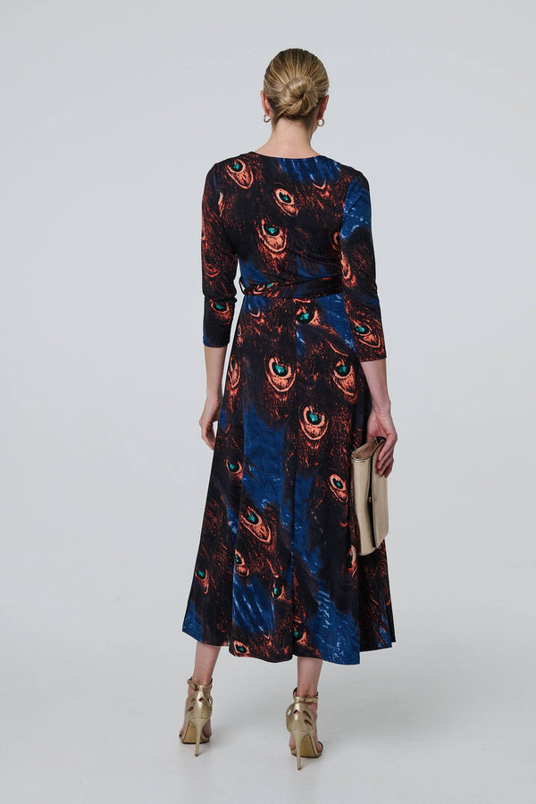 Blue | Peacock Print 3/4 Sleeve Wrap Maxi Dress
