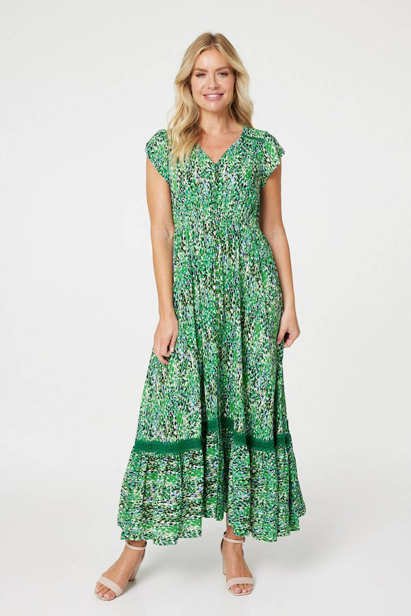 Green | Printed Lace Detail Maxi Dress